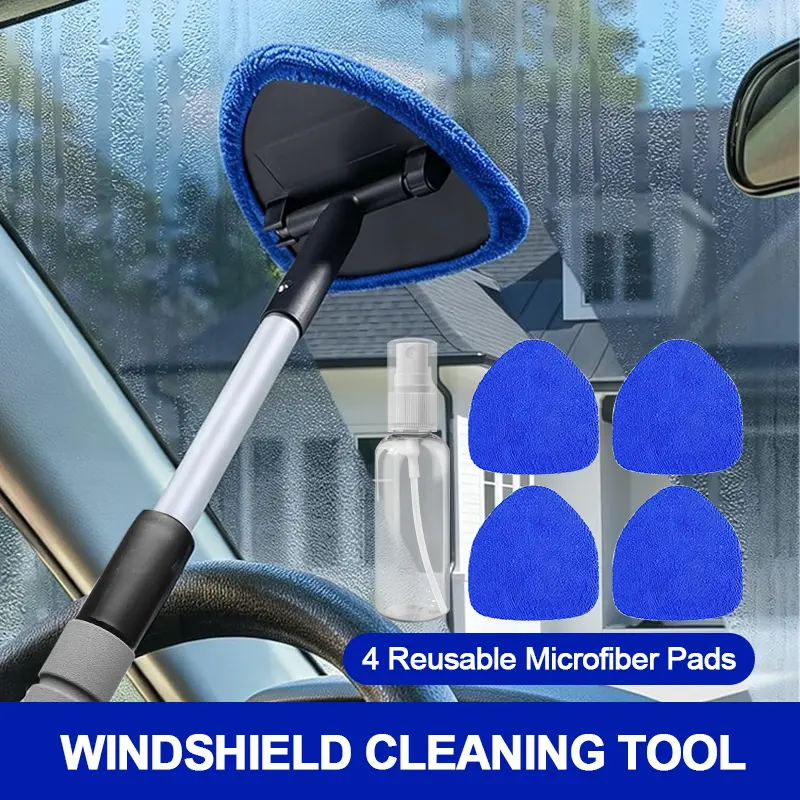 Summerwins Blue Retractable Aluminum Windshield Cleaner Kit - Extendable 33cm-47.5cm Handle, 180° Swivel Head, 4 Reusable Microfiber Pads, Empty Spray Bottle, Air Vent Brush for Car, Home Windows