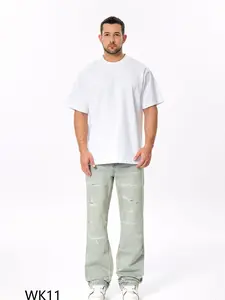 WEEHOURS WK11 Heavyweight Distressed Denim – Relaxed Straight Wide Leg Fit  Jean Menswear Classic Leather Natural Fashion