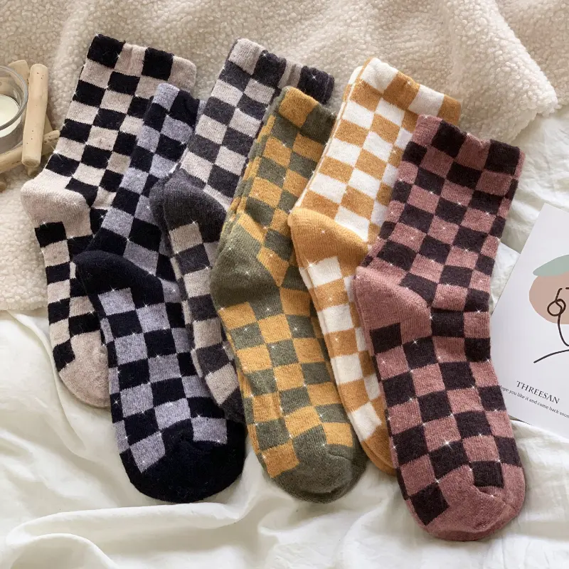 Women's 6-Pack Thick Mid-Calf Socks, Vintage Gingham Knit Fabric for Casual Autumn and Winter Wear, 6-Pack Mixed Colors, Spandex, Polyester Blend, Calf High, Checkered Print, Thick Knit, Dry Clean, 6 Pairs