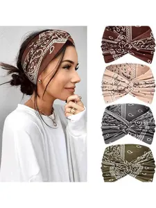 Women’s 4-Pack Boho Bohemian Knot Headbands, Wide & Thin Elastic Hairbands, Vintage Solid Color, Stretchy Non-Slip, Sports, Yoga, Workout, All-Season