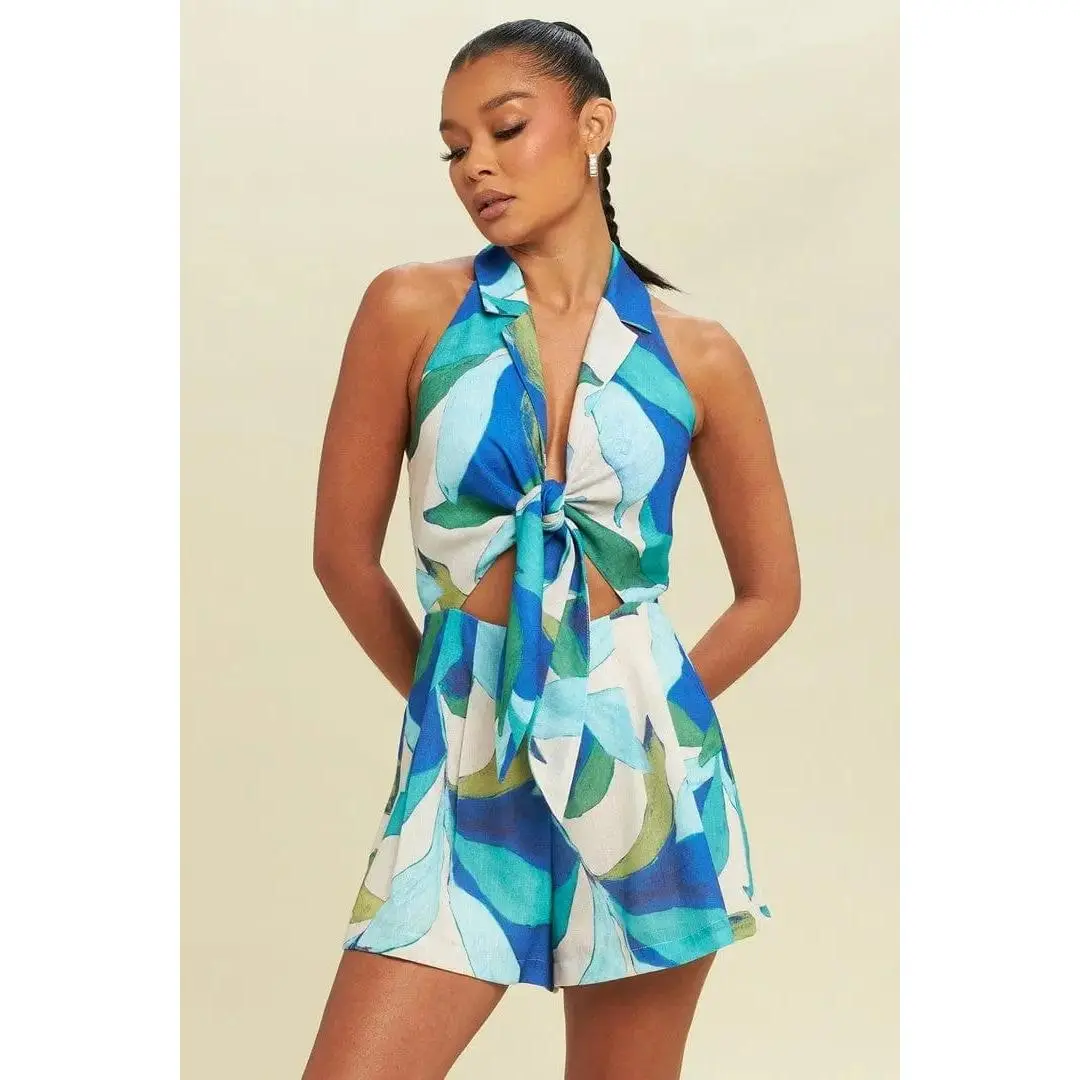 Why Playa Blue Tie-Front Strapless Romper