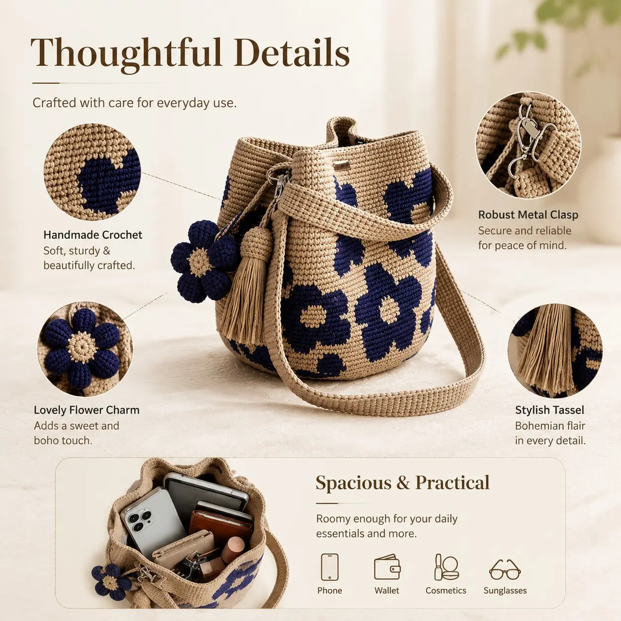 Handmade Crochet Flower Tote, Knit Floral Purse Bag, Boho Woven Beach Handbags Crossbody Shoulder Bag for Women Vacation