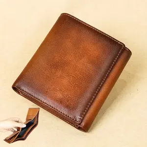 Premium Men’s Trifold Wallet - RFID Blocking Genuine Cowhide Leather, Dual ID Windows, Large Capacity with Photo Slot, Retro Style RFID Anti-Theft Brush Short Wallet for Daily & Business Use