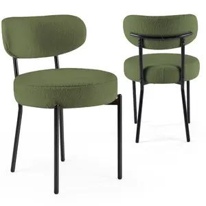 Mid Century Modern Dining Chairs Set of 2, Boucle Upholstered Curved Back Accent Chairs with Black Metal Legs for Kitchen & Living Room, Green/Orange