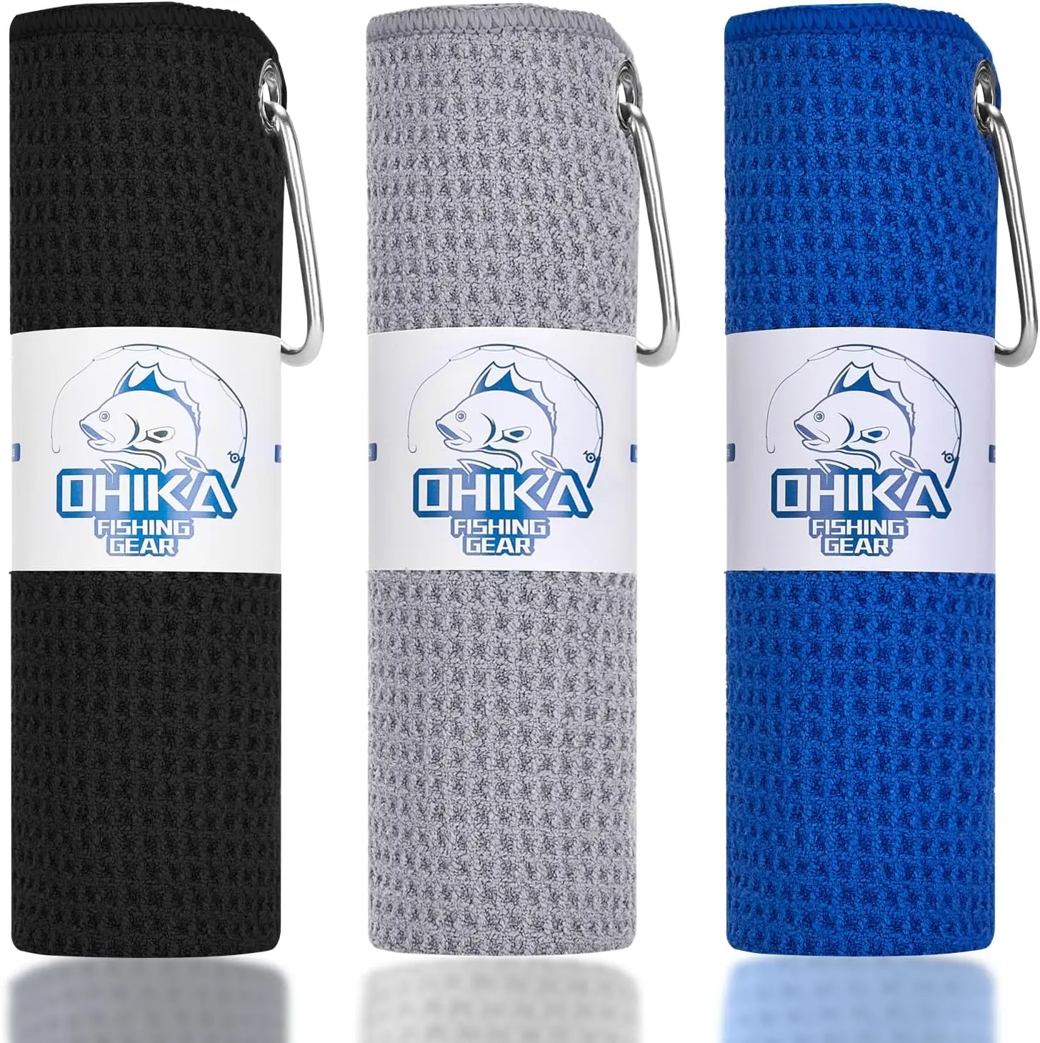 Microfiber Fishing Towels with Clip, Waffle Pattern for Effective Cleaning of Fishing Gears or Dirty Hands, 16” x 16”, Camping Towels, Hiking Towels, Pack of 3 (Black/Grey/Blue)