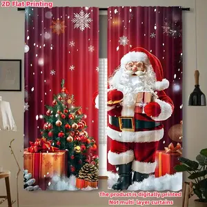 2pcs Festive Santa Claus & Christmas Tree Print Curtains - Red, Digital Printed Polyester Drapes with Rod Pocket, Perfect for Living Room, Bedroom, Kitchen, and Holiday Decor, Window Curtain, Christmas Curtains
