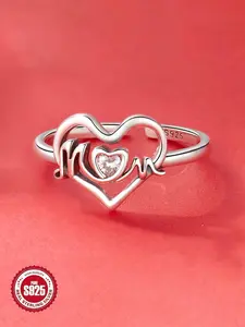 S925 Sterling Silver Mom Design Cuff Ring, Fashion Heart Shaped Adjustable Open Ring for Women & Girls, Trendy All-match & Exquisite Jewelry for Birthday Gift