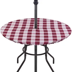 SquarePie Round Fitted Outdoor Tablecloth with Umbrella Hole - Elastic Waterproof Zippered Patio Gingham Table Cloth Cover| Fits 40''-46'' Tables for Picnic Camping Garden,Burgundy Red Checkered