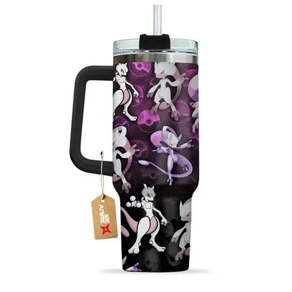 STORMMECH2 - 40oz MewTwo Insulated Portable Beverage Flask - Double-Wall Vacuum Stainless Steel, Cartoon Design, Washable Leakproof Straw Lid with Black Cap & Handle, 12H Hot/24H Cold Retention, Valentine Gift Drinkware, Flasks