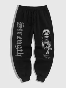 Men's Gothic Print Pocket Sweatpants, Regular Fit Casual Street Elastic Waist Jogging Pants for Spring & Fall, Fashion Men's Bottoms for Daily Wear