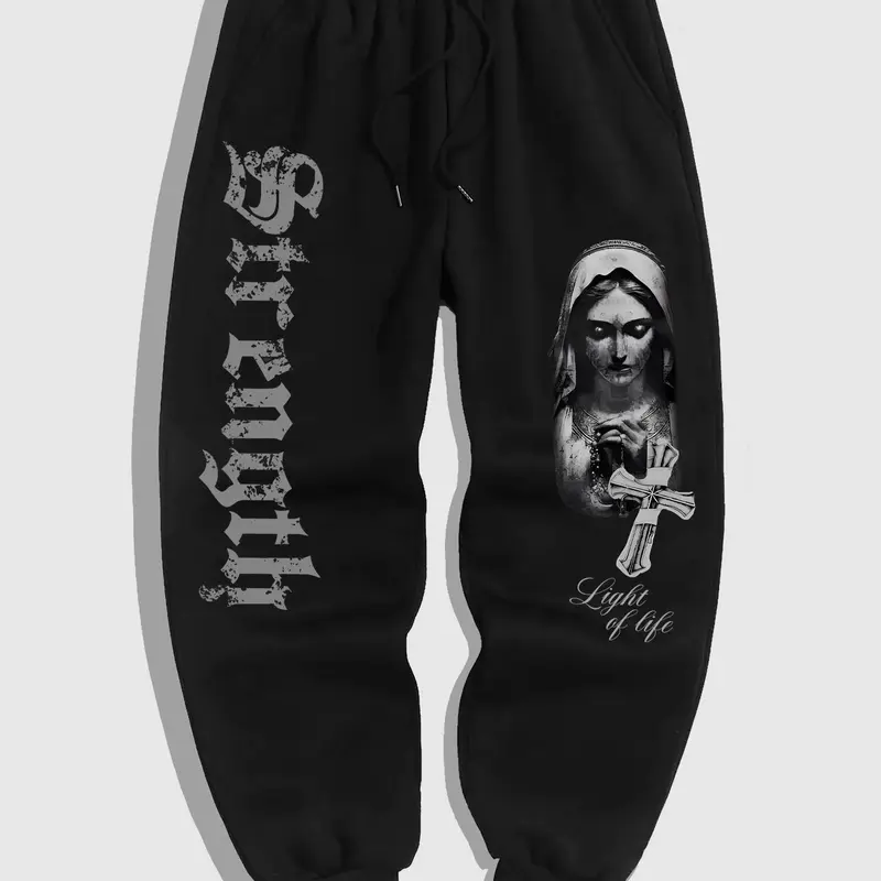 Men's Gothic Print Pocket Sweatpants, Regular Fit Casual Street Elastic Waist Jogging Pants for Spring & Fall, Fashion Men's Bottoms for Daily Wear