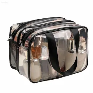 Clear PVC Cosmetic Bag, Double Zipper Transparent Makeup Organizer, Waterproof Travel Toiletry Pouch with Mesh Pocket