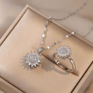2Pcs Rotating Sunflower Necklace Set for Women Minimalist Elegant Trendy Pendant Chain Delicate Fashion Jewelry 40+5cm Chain Length 1.5cm Pendant Size Ideal for Daily Wear & Mother's Day Gifting