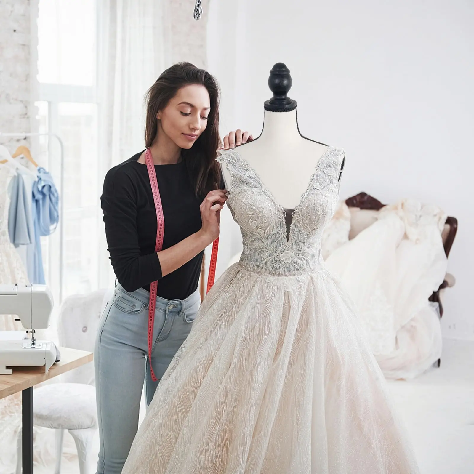 Lightweight Portable Female Dress Form Mannequin Torso, Adjustable Tripod Stand Photo Ready Mannequin for Handmade Knit Sweater Display, Velvet Foam Mini Torso Dummy for Craft Creator Product Photography Boutique Window Showcase Cardboard Decor