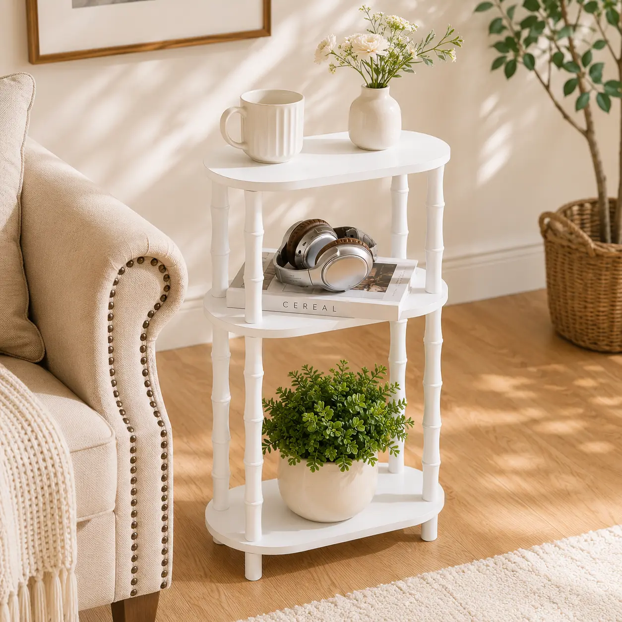 White 3-Tier Pedestal Side Table - Slim Open Storage End Table with Rounded Storage Shelves, Modern Accent Piece, Bedroom Nightstand, Ideal Housewarming Gift for Living Room, Modern Accent Tables