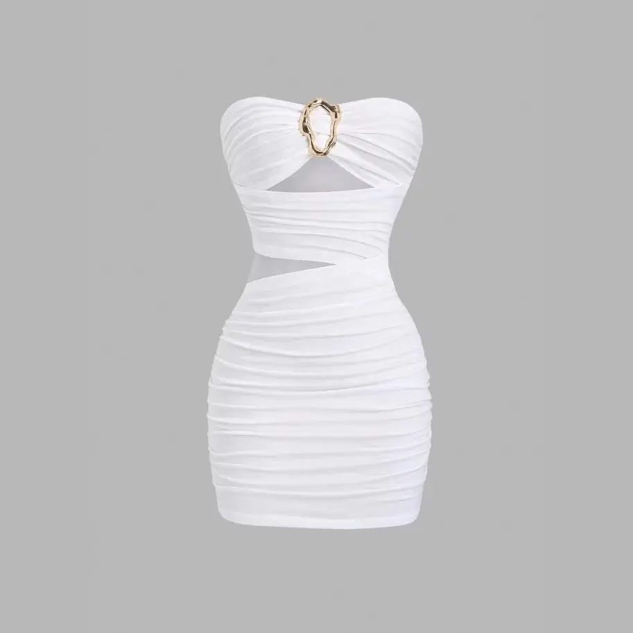 Women's Sleeveless Sheer Polyester Tube Dress - White, Midi Length, Pleated, Form-Fitting, Sexy Style for Elegant Professional Lady Workwear, Casual Top