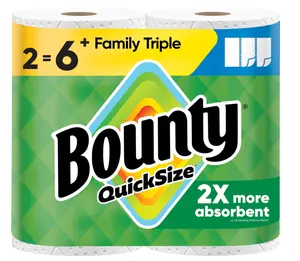 Bounty Paper Towels Quick Size, White, 2 Family Triple Rolls = 6+ Regular Rolls