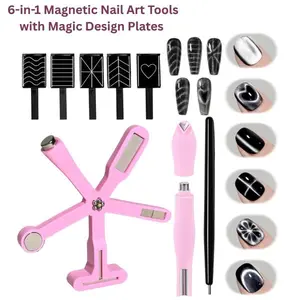 Cat Eye Nail Magnet Kit, 6-in-1 Magnetic Nail Art Tools with Magic Design Plates, Nail Polish Magnet for Gel Nails, DIY Salon Nail Accessories (Pink)