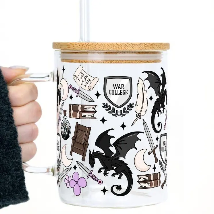 War College Fantasy 17oz Glass Mug with Lid and Straw, Iced Coffee Drinkware, Gift for Her, water bottle for women, book lover gifts, Lightweight, Reusable, Tumbler