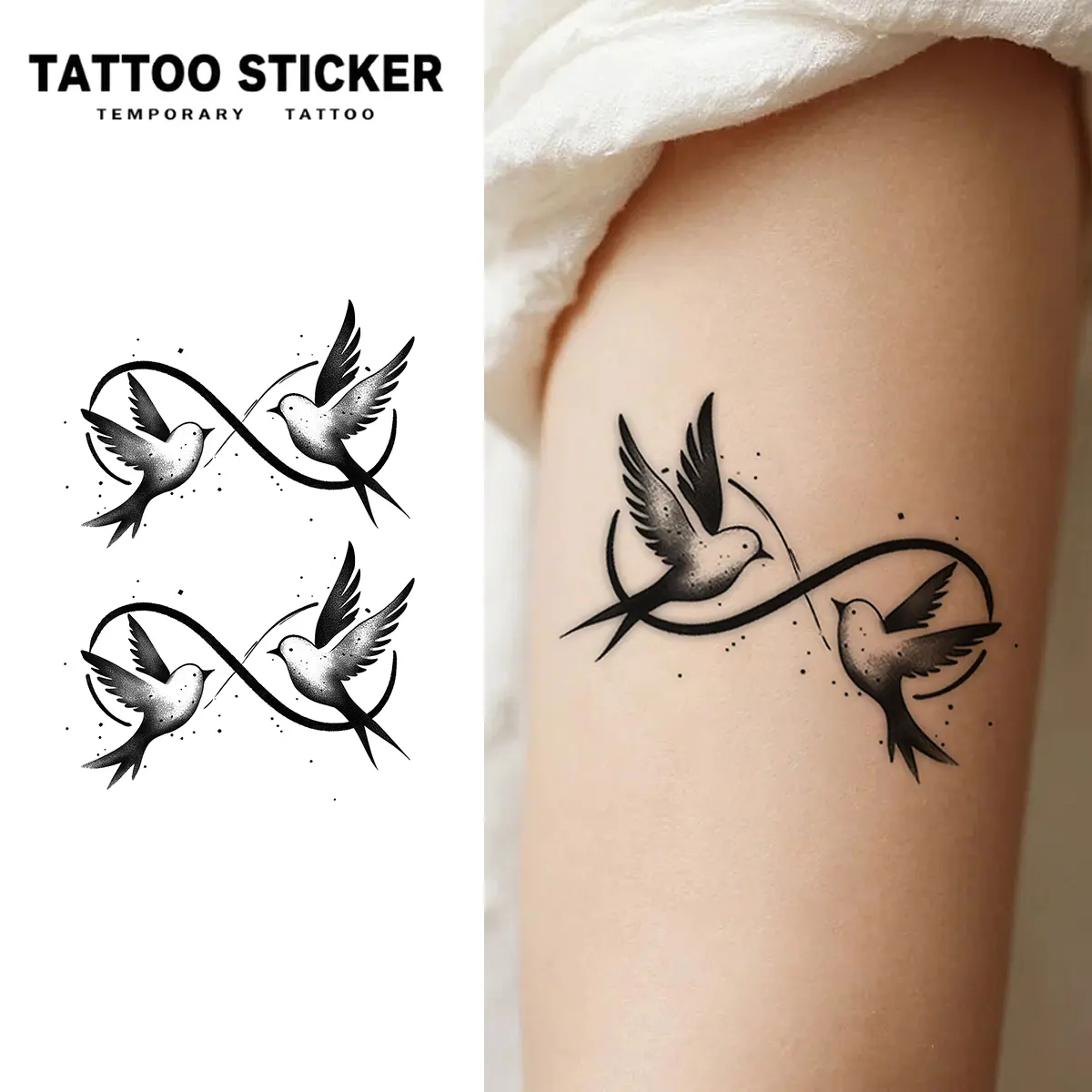 Women's 2 PCS Waterproof Sweat-Resistant Infinity Swallow Birds Temporary Tattoo Kit, Minimalist Black Sketch Romantic Couple Matching Wrist Decals, Body-Safe Do-It-Yourself Colorful Body Art Stickers, Long-Lasting Semi-Permanent for Sensitive Skin