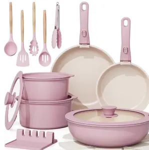 Astercook 20-Piece Ceramic Pots and Pans Set, Nonstick Cookware Set with Detachable Handles, Oven Safe to 480°F, Induction Compatible, Stackable RV Kitchen Cooking Set, Pink