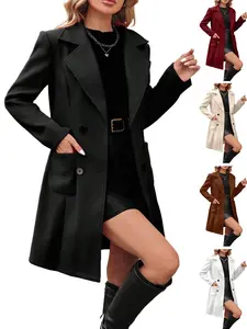 Women's Fashion Autumn Winter Mid-Length Woolen Coat Jacket Outerwear, Casual Style Thick Woven Fabric, Fitted Plain Design for Fall & Winter Wear