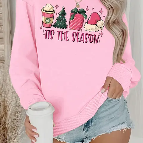Women's Christmas Themed Letter Print Drop Shoulder Sweatshirt, Casual Long Sleeve Round Neck Pullover for Daily Wear, Ladies Clothes for All Seasons
