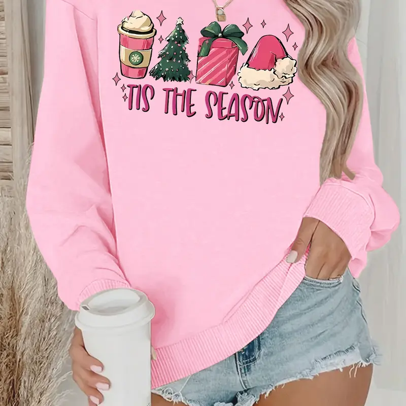Women's Christmas Themed Letter Print Drop Shoulder Sweatshirt, Casual Long Sleeve Round Neck Pullover for Daily Wear, Ladies Clothes for All Seasons