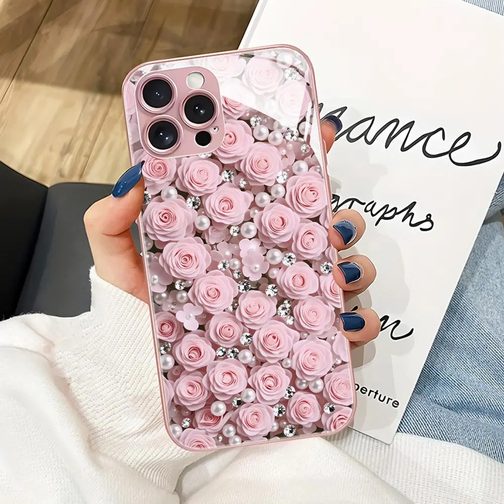 Pink Rose Tempered Glass Case For Samsung A57 A56 A55 A36 A35 A26 A17 A16 A07 A06 S26 Ultra S25 S24 S23 S22 Plus Back Cover