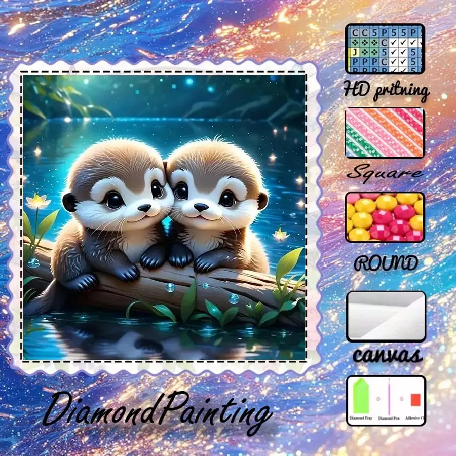 5D-DIY, Handicraft, velvety canvas, diamond art, diamond painting kit, cute otter, cartoon AB diamonds, fairy dust diamonds, crystal diamonds, perfect home decoration, handmade diamond art painting kit, special craft diamond art kit, Diamond Art Tools