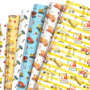 12 Sheets Construction Birthday Wrapping Paper for Boys, Excavator & Digger Theme for Gift Bags, Party Favors, Gift Box Decoration, DIY Craft Supplies, Packaging Paper