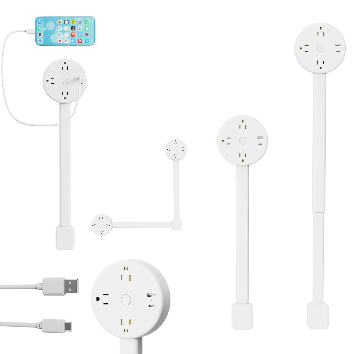 Rotating Telescopic Power Strip, 180° Swivel Electrical Outlet Extender with 3 AC Outlets & USB-A/USB-C Fast Charging, Adjustable 18.5–26in for Hard-to-Reach Sockets