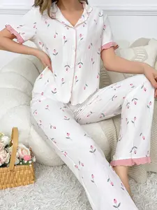 Pink Floral Pajama Set for Women - Lapel Short-Sleeved Top & Loose Trousers - Soft & Comfortable Japanese Style Nightwear - Spring Garden Vibe - Wrinkle-Resistant Fabric - Perfect for Home Wear