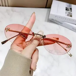 Fashion Rimless Sunglasses Women UV400 Oval Elegant Diamond Sun Glasses Retro Eyewear with Pink Lenses