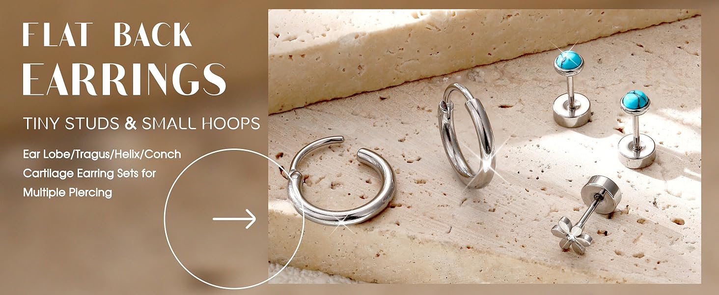 LOLIAS 21Pairs Surgical Steel Flat Back Earrings Hypoallergenic 20G Screw Back Nap Stack Cartilage Earring Stacks