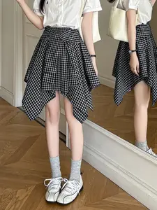 Summer New Irregular Plaid Skirt, Pleated Half-Sleeve A-Line Short Dress, Slimming Versatile Women's Fashion