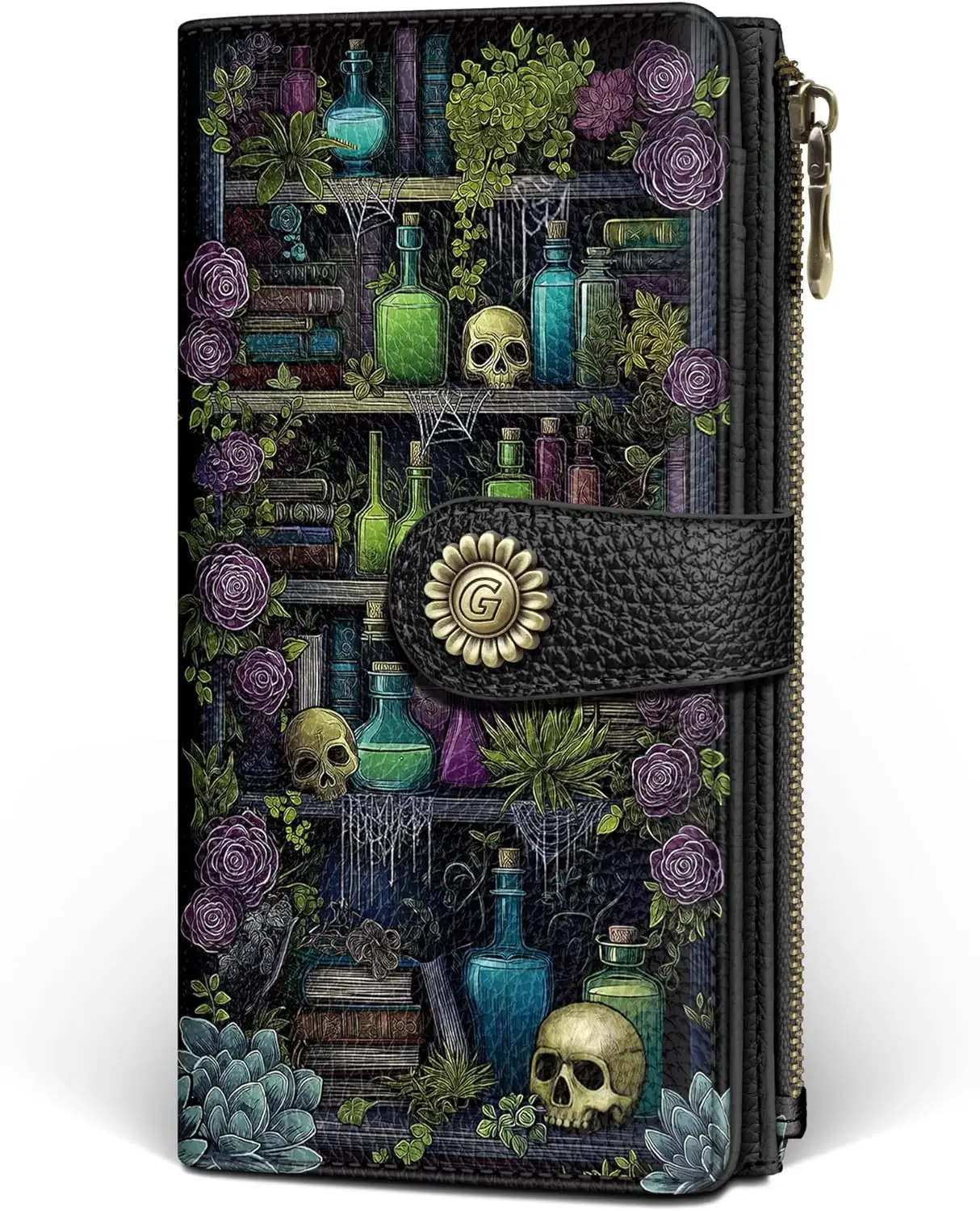 Goth Book Shelf Womens Wallet RFID Blocking, Gothic Skull Witchy Credit Card Holder Bifold, PU Leather Travel Billfold, Long Cute Cash Purse, Zipper Coin Pocket Clutch, Ladies Gift Woman