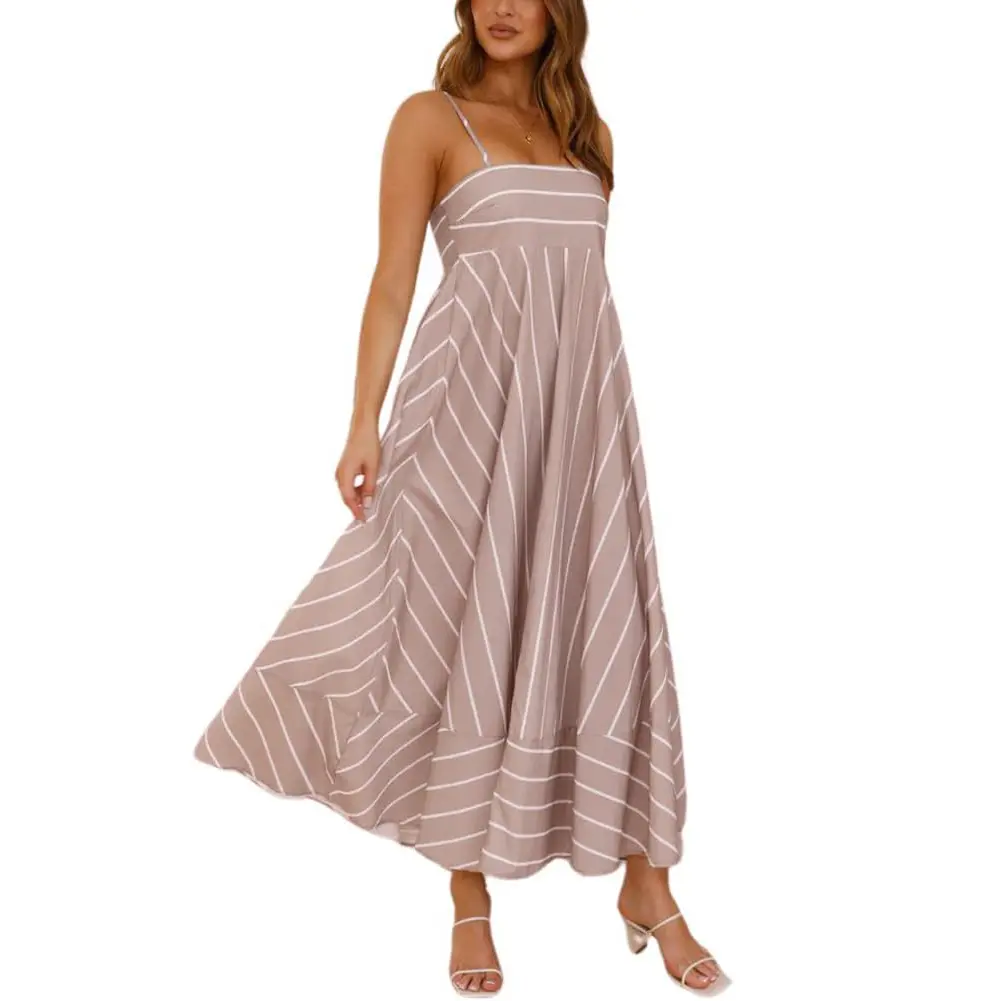 Chouyatou Women's Casual Boho A-Line Sundress, Summer Sleeveless Spaghetti Strap Striped Maxi Dress, Elastic Back, Flowing Beach Wear, Boho Clothes for Women, Ready-to-Wear