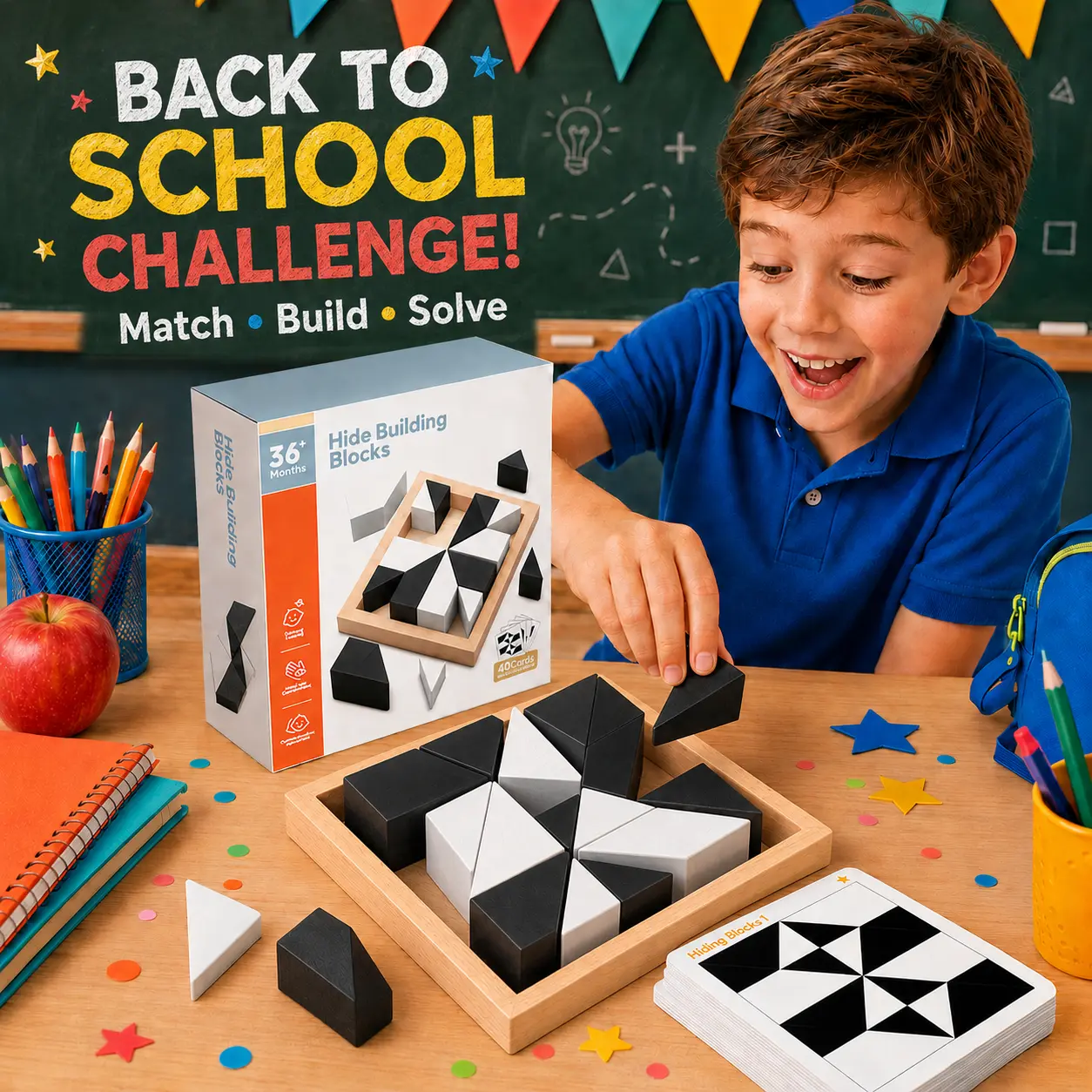 Wooden Hidden Blocks Geometric Puzzle Game - 80 Brain Challenges, Solid Wood Box, Deluxe Black & White Blocks, Brain Teaser for Kids