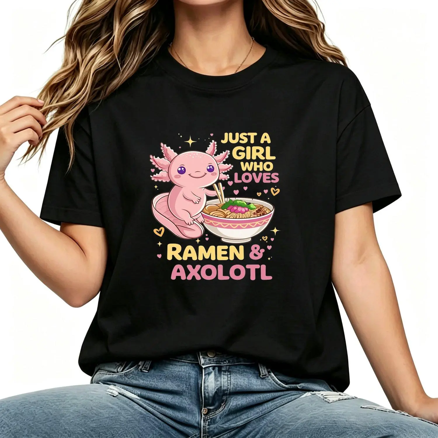 Cute Axolotl Ramen Casual Cartoon Print Women T shirts Lightweight and Breathable Fabric Funny Shirt Casual Graphic Top Comfortable Soft Fit