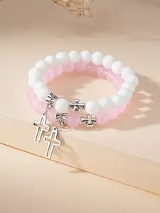 2pcs cross friendship bracelets for women, glass bead cross pendant, horizontal cross bracelet for best friend, grandma, mom, sister, daughter