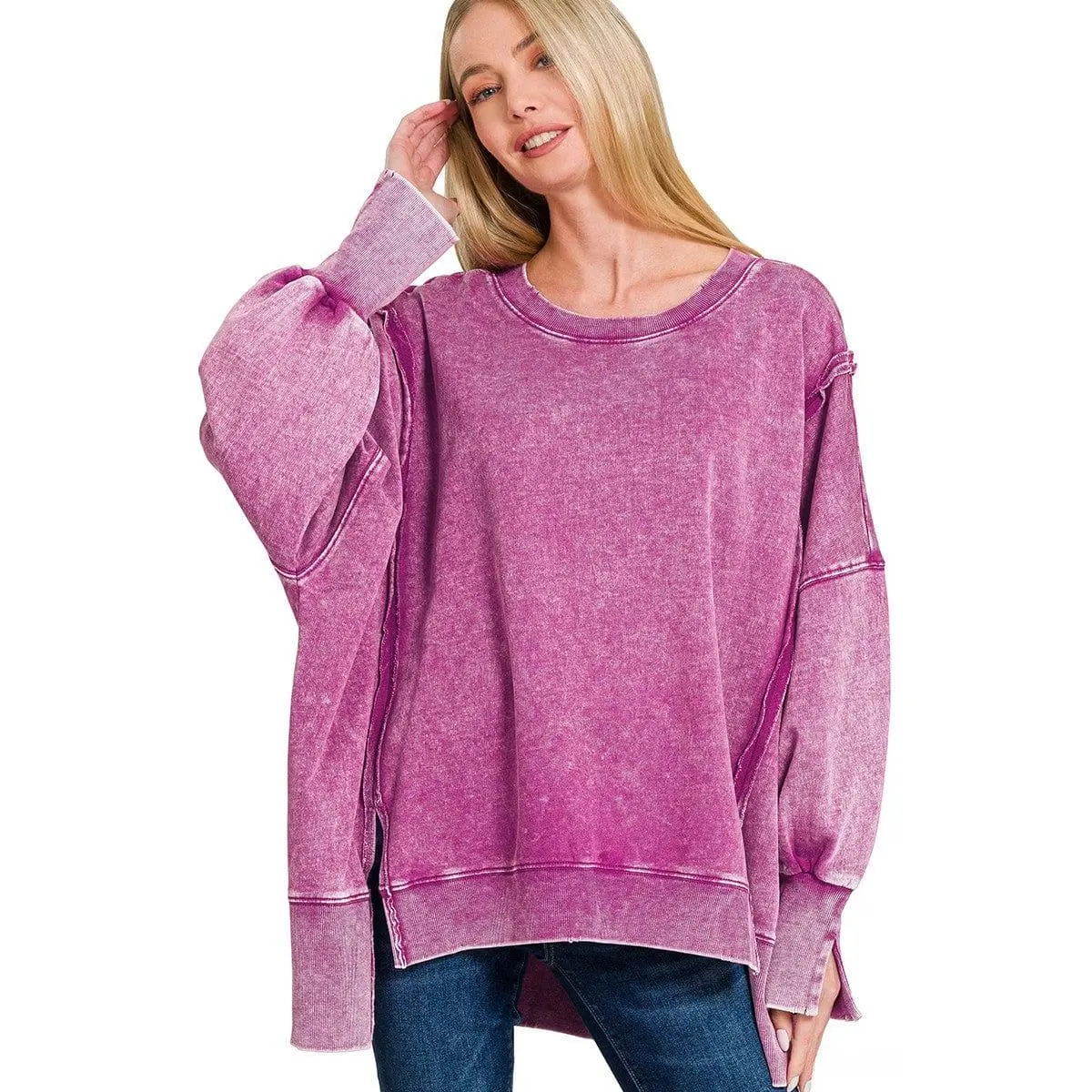 Zenana Acid Washed French Terry Exposed Seam Sweatshirt