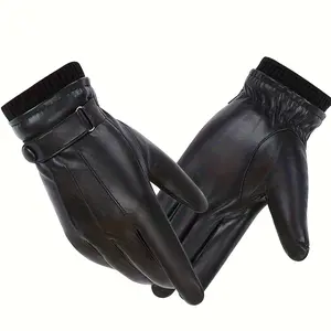 Men's 100% Sturdy Black Cold-Proof Leather Gloves - Full Coverage, Plain Design, Secure Closure - Suitable for Hiking, Skiing