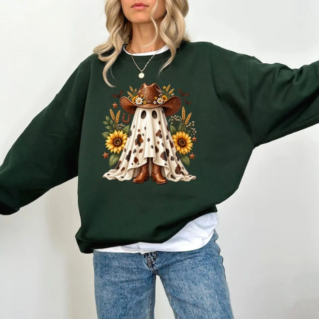 Cowboy Ghost Halloween Sweatshirt, Western Ghost Sunflower Graphic, Cute Spooky Fall Sweatshirt, Country Halloween Gift
