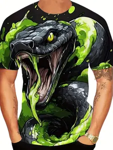 Men's 3D Printed Snake Pattern T-Shirt, & Street Style, Breathable Round Neck Short Sleeve Summer Casual Tee, Streetwear