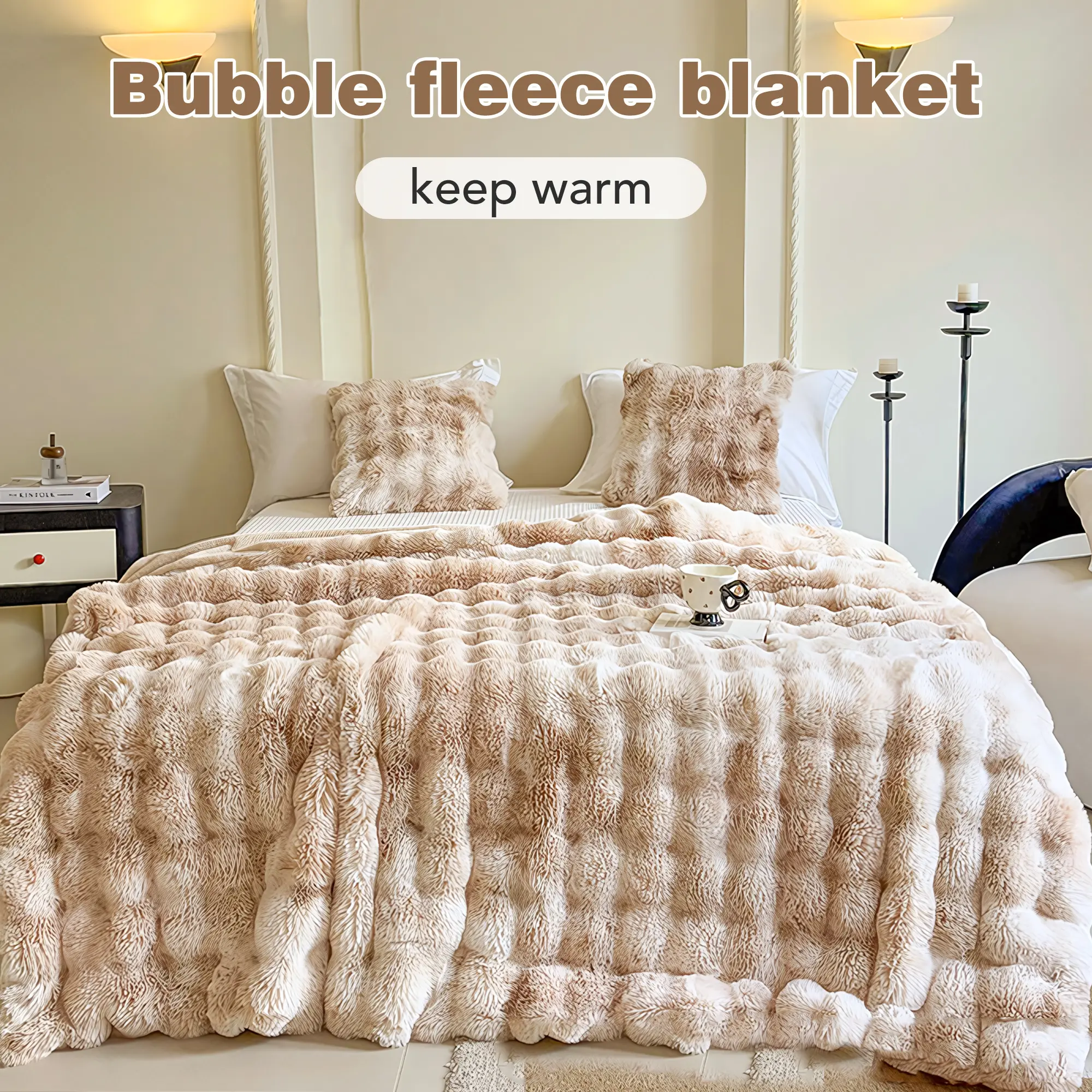 1 Count Soft Faux Fur Throw Blanket Solid Reversible Shaggy Blanket, provides warmth for bedroom environments
