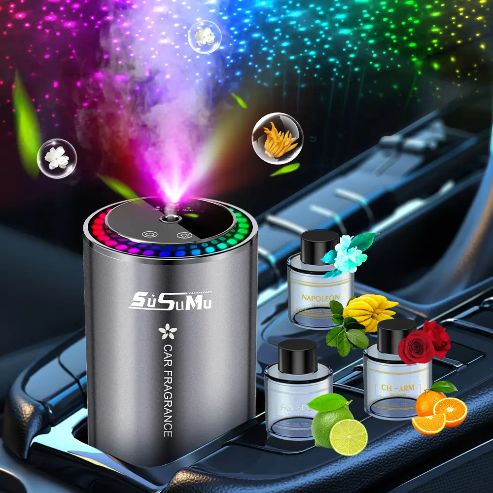 Smart Car Air Freshener Diffuser, Rechargable Automative Waterless Car Diffuser, for Essential Oils with Star Projector, Music Rhythmic Lights，three a