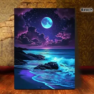 2D Flat, 2D 1pc MAGA Room Decor Blue Fluorescent Beach And Night Moon Scene Canvas Wall Art, Wooden Framed Mural for Bedroom, Office, Living Room, Cafe, Bar, Home And Dormitory Decor	