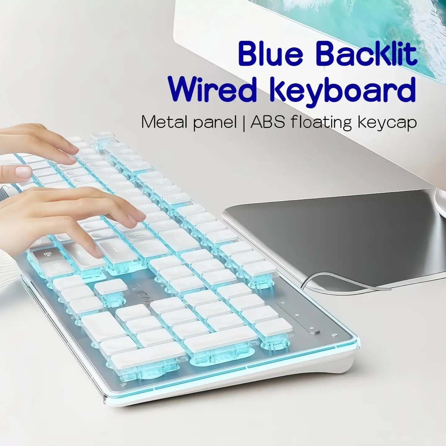 Full-Size Silent White Crystal Keycap Illuminated Mechanical Keyboard, Blue LED Backlight, Keyboard Accessory for Office & Study Aesthetic Desk Setup, Illuminated Mechanical Keyboards, Full-Size Mechanical Keyboards