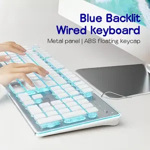 White Crystal Keycap Keyboard with Blue LED Backlight Full Size Silent Gaming Keyboard for Office Study and Aesthetic Desk Setup